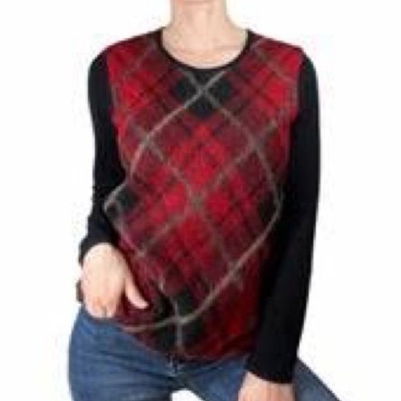 J. Jill Argyle Plaid Brushed Wool Blend Crewneck Womens Sweaters Red Black S - Picture 2 of 11